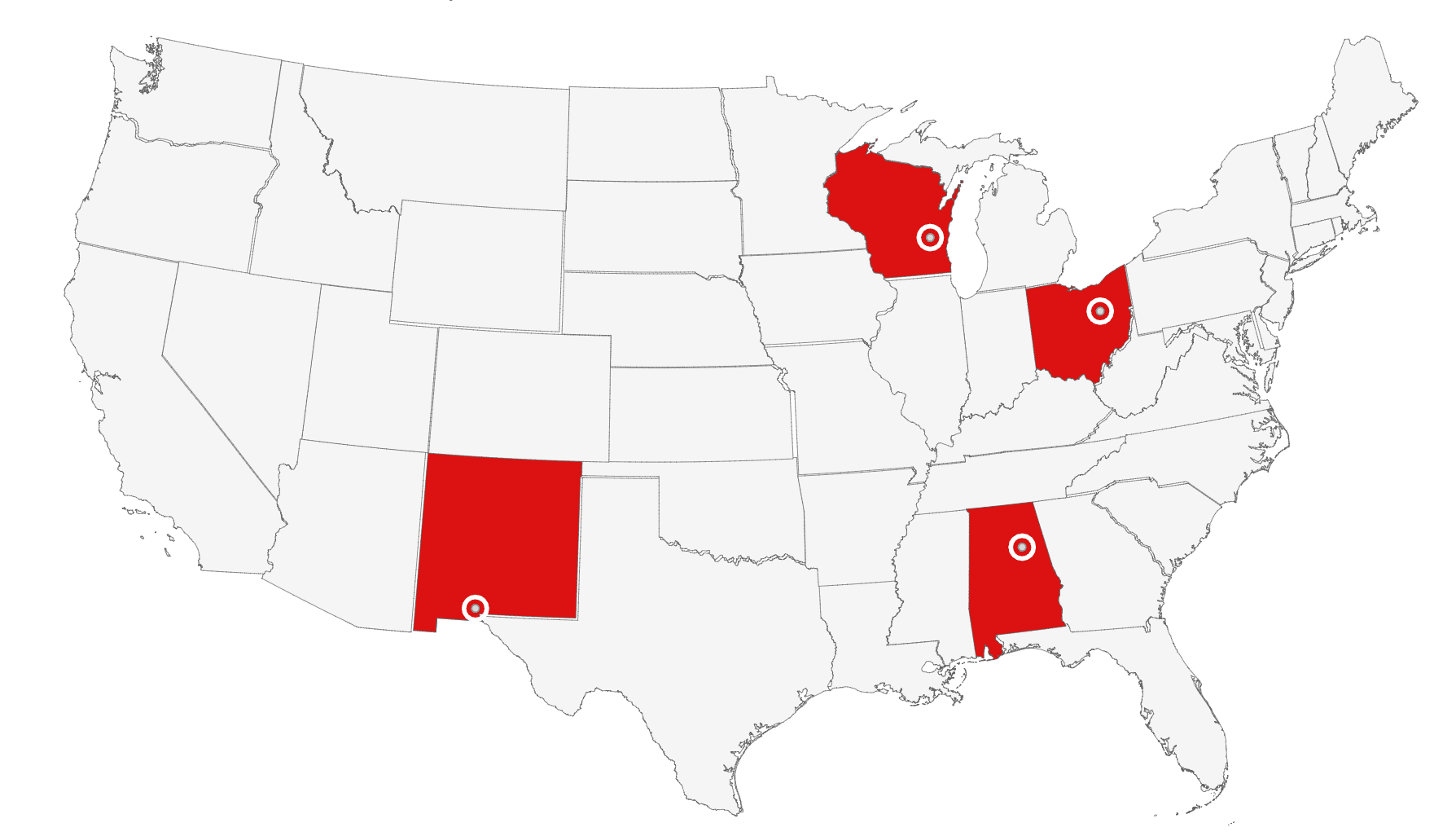 Simple map identifying the 4 Merryweather locations: Ohio, Alabama, New Mexico & Wisconsin